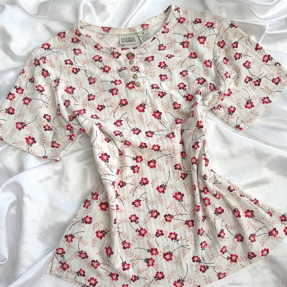 Classic Elements Floral Henley Top Cream Ribbed Short Sleeve Cottagecore Shirt M